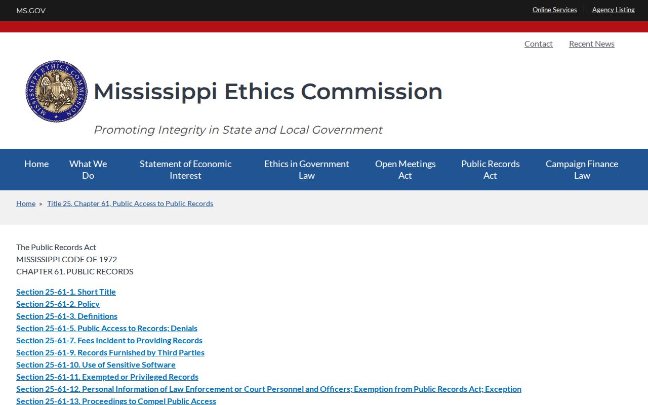Mississippi public records guidance for Holmes County booking records