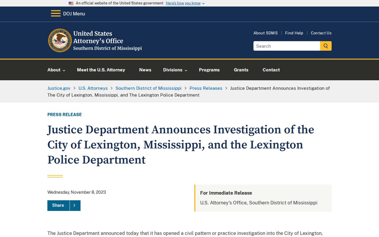 Lexington Police Department policy context from the Justice Department announcement about arrests